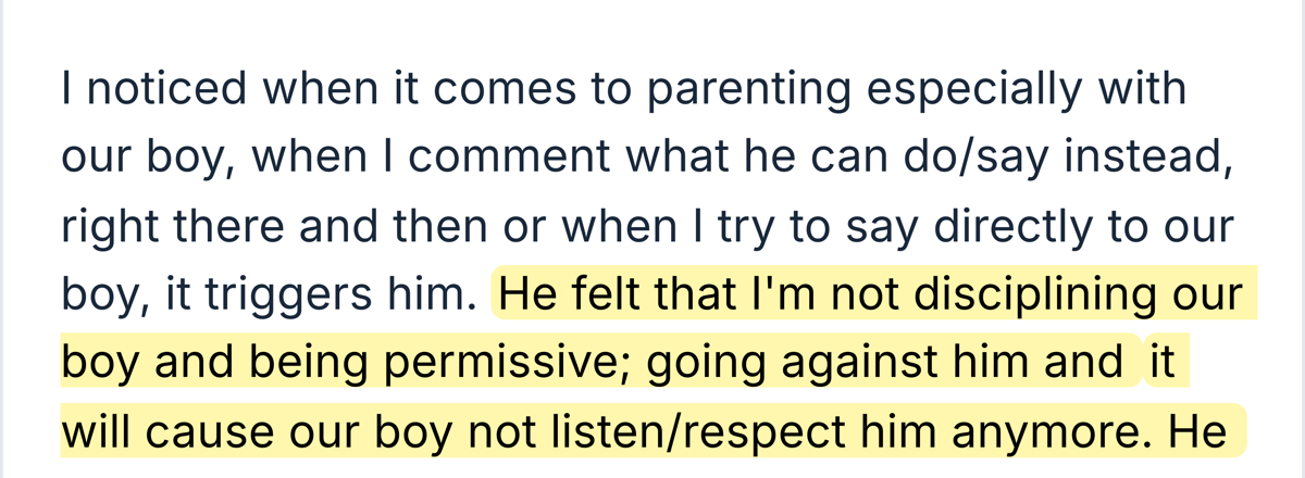 Parent message describing a husband feeling undermined and worried that Respectful Parenting is permissive
